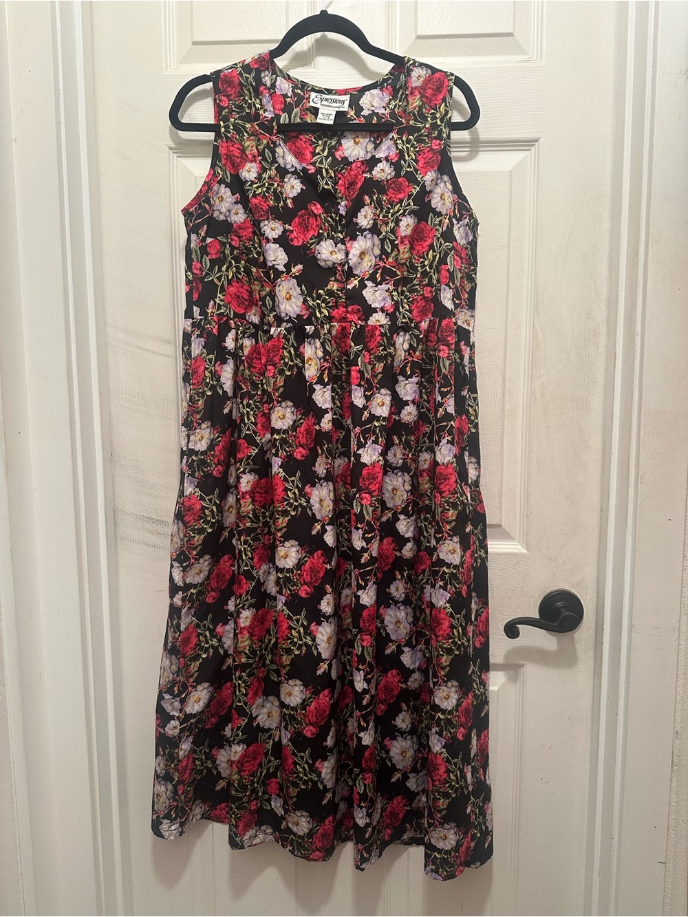Expressions Black Sleeveless Midi Dress with Red & White Rose Floral Print.